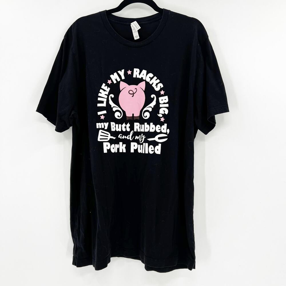 Canvas Men's Black Pull My Pork Pig Graphic Short Sleeve T Shirt Tee Top XXL - Picture 2 of 5